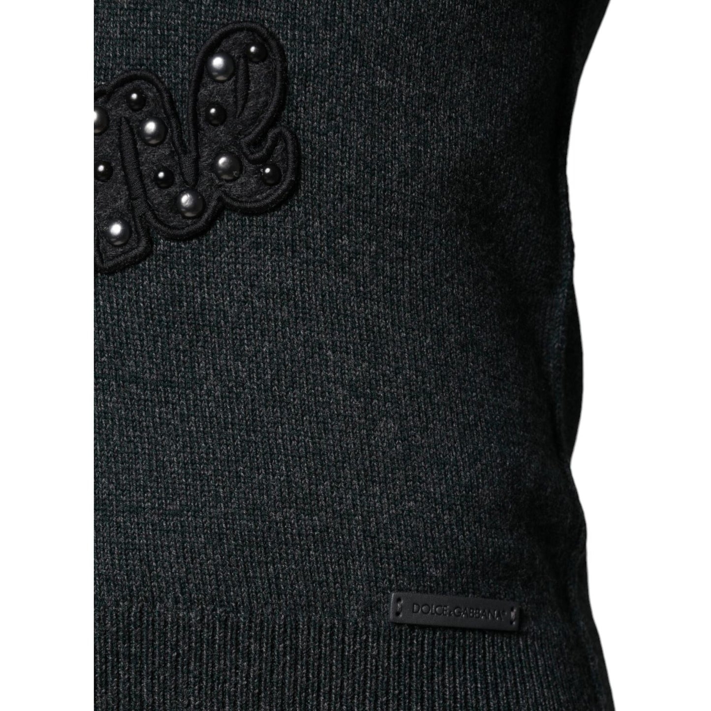 Dolce & Gabbana Gray Embellished Crew Neck Pullover Sweater Dolce & Gabbana Black