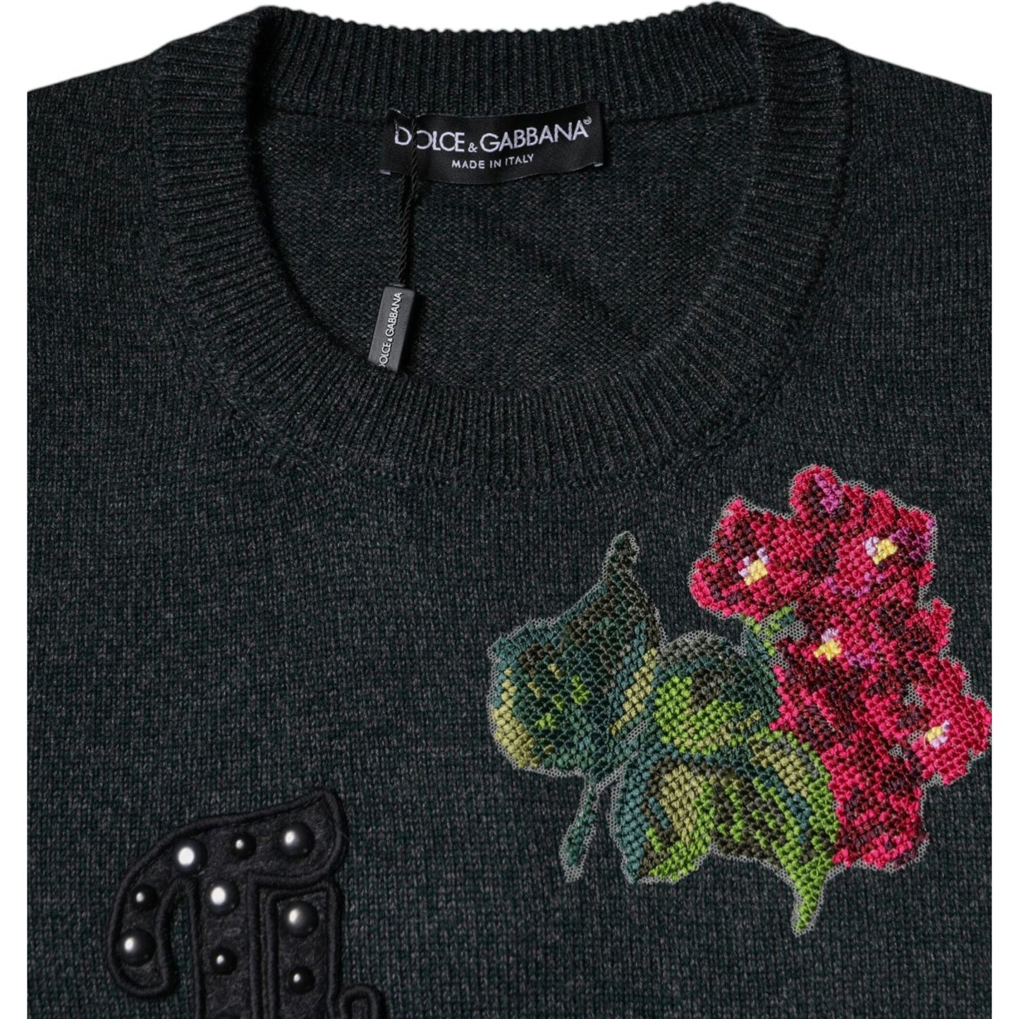 Dolce & Gabbana Gray Embellished Crew Neck Pullover Sweater Dolce & Gabbana Black