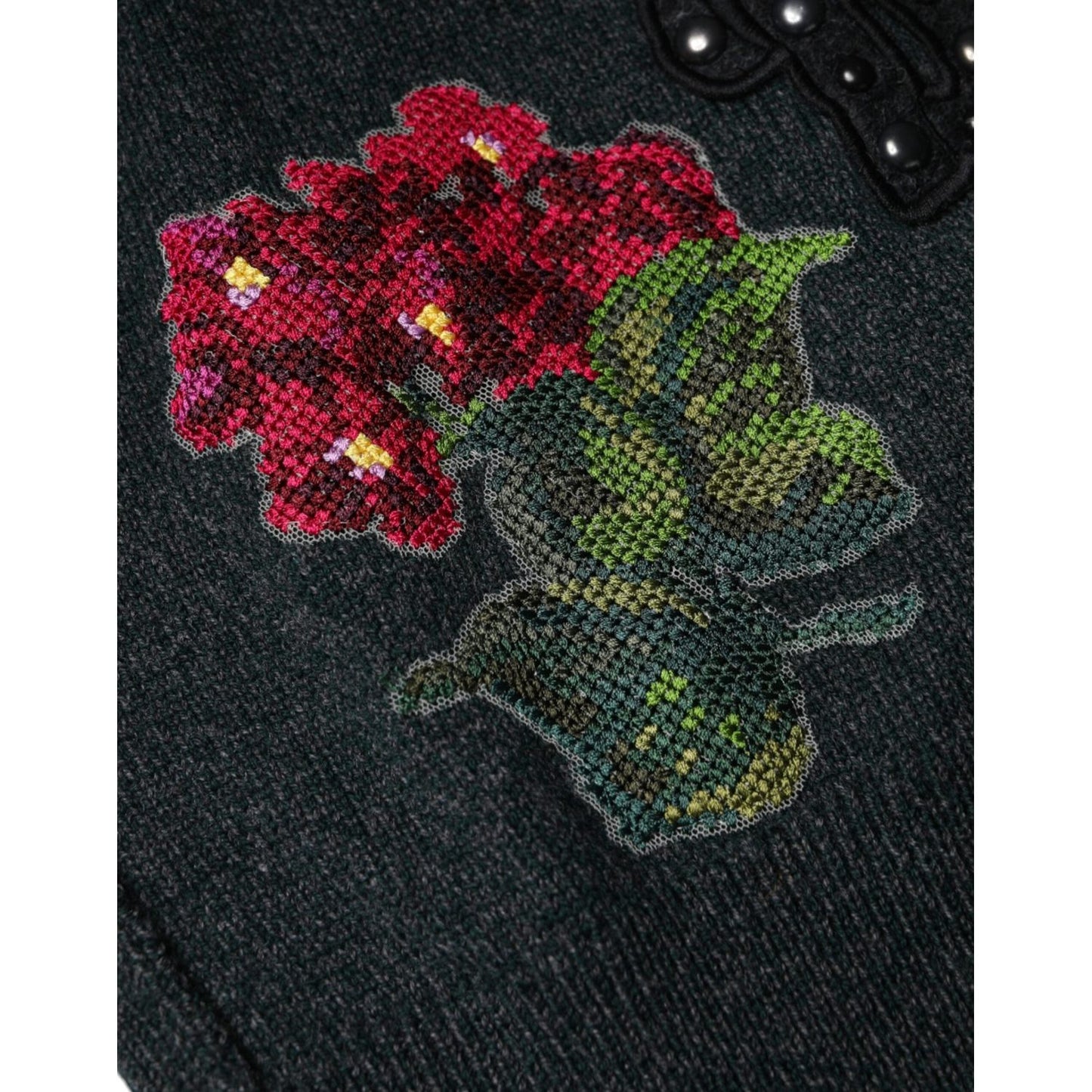 Dolce & Gabbana Gray Embellished Crew Neck Pullover Sweater Dolce & Gabbana Black