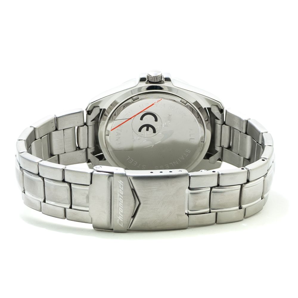 Back view of Chronotech Silver Stainless Steel Dress Watch with quartz mechanism and analog display.
