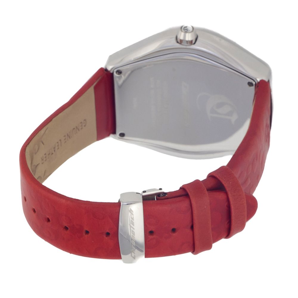 Back view of Chronotech Red Leather Dress Watch with red leather strap, silver case, mineral glass, and buckle closure.