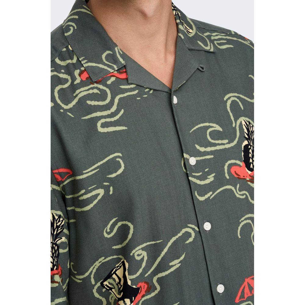 Only & Sons green viscose shirt with artistic prints, featuring short sleeves and a comfortable fit, perfect for casual summer outings.