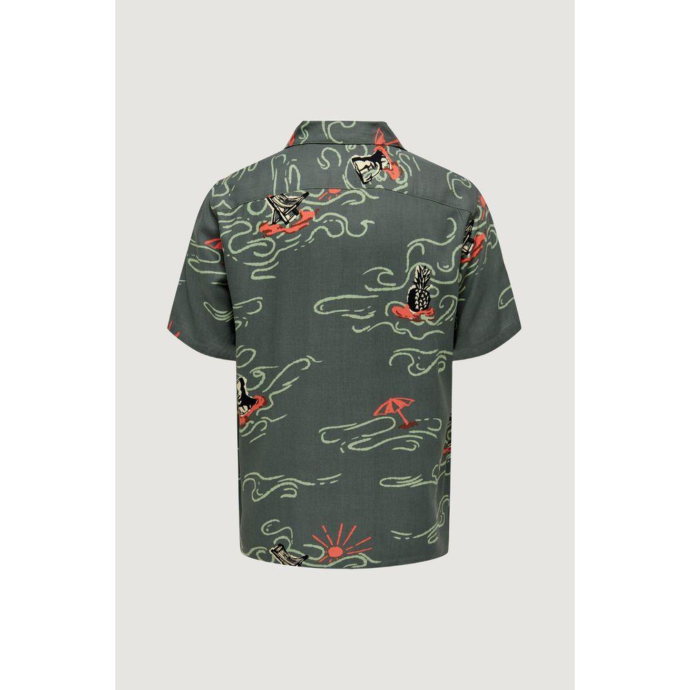 Back view of Only & Sons green viscose shirt with artistic prints, short sleeves, ideal for casual summer style.