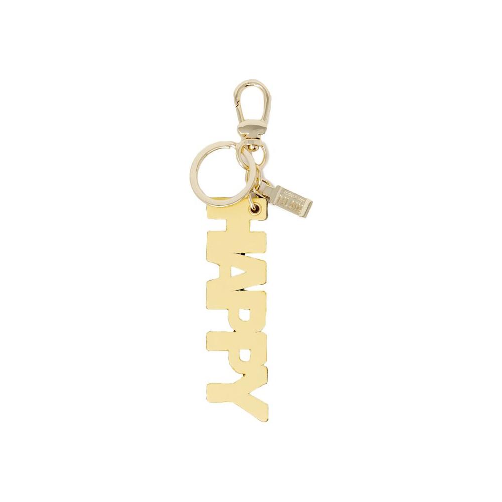 Gold keychain with 'HAPPY' text design, part of Alviero Martini Prima Classe collection, made of 100% polyester for women.