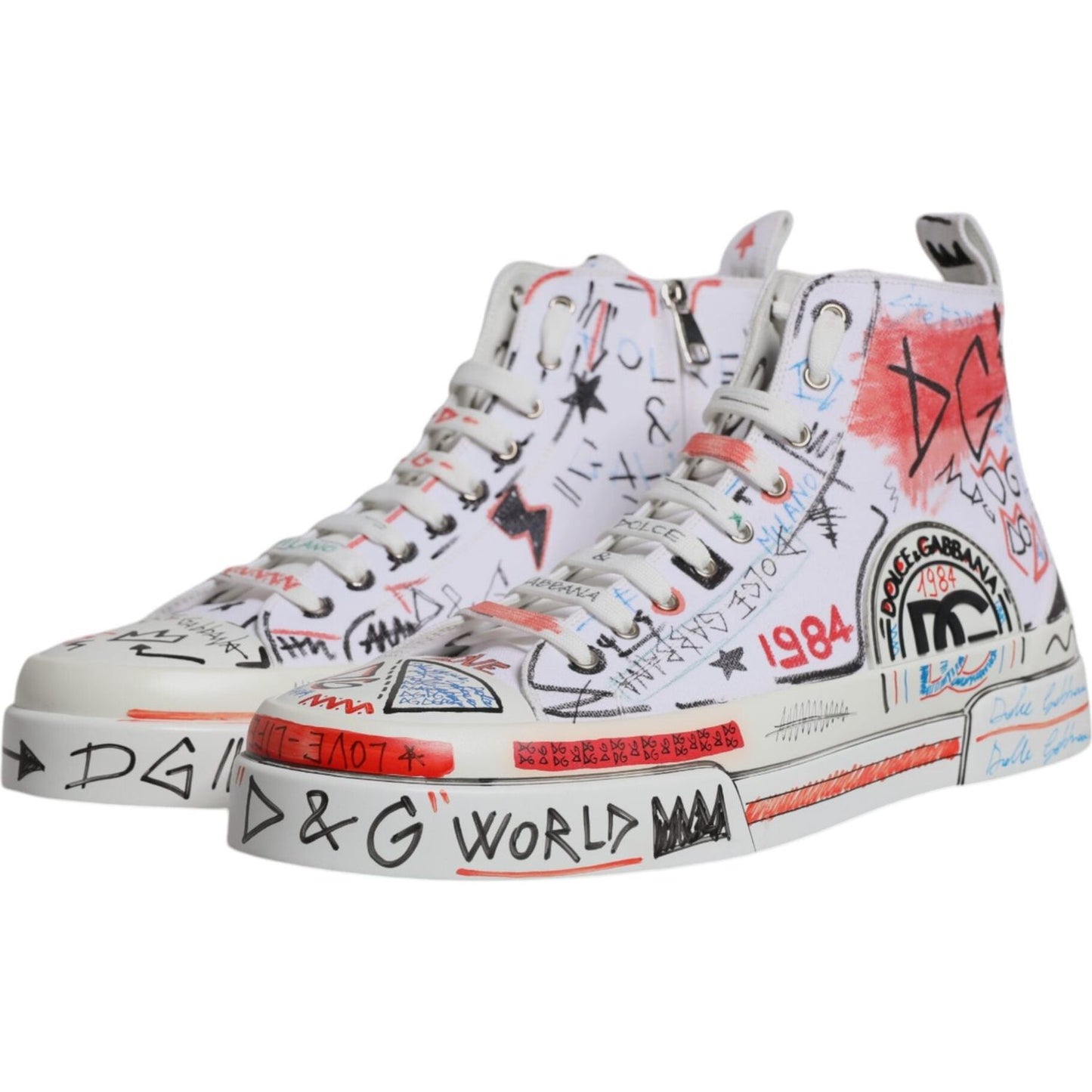 Dolce & Gabbana White Cotton Graffiti High Top Sneaker Shoes Dolce & Gabbana Light Gray