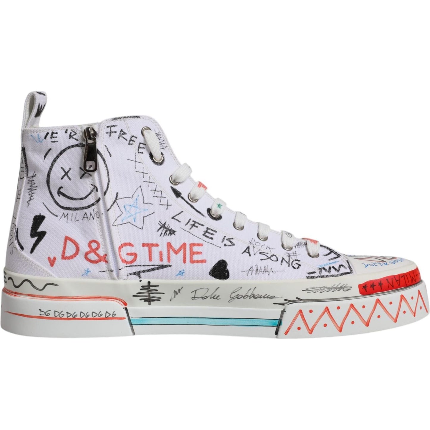 Dolce & Gabbana White Cotton Graffiti High Top Sneaker Shoes Dolce & Gabbana Light Gray