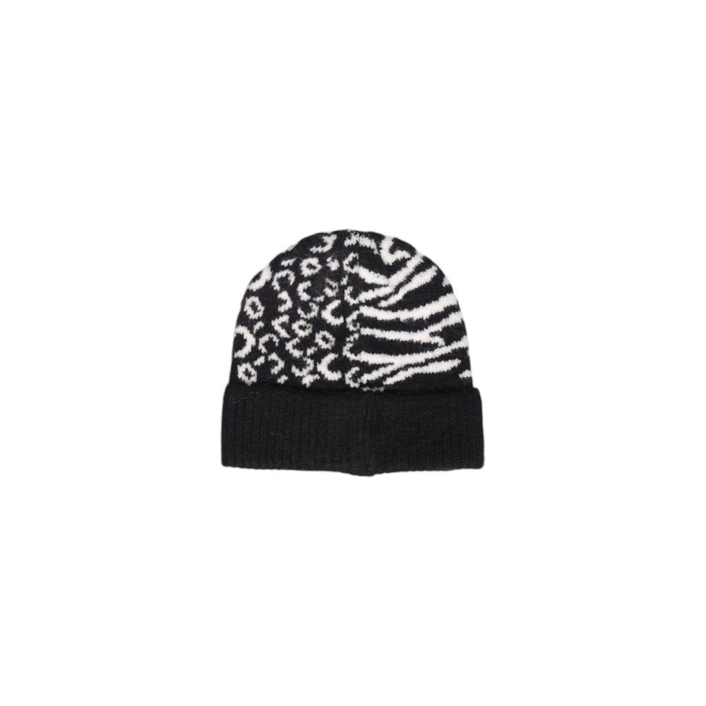 Black acrylic hat with animal print design, combining leopard and zebra patterns. Stylish winter accessory for warmth and fashion.