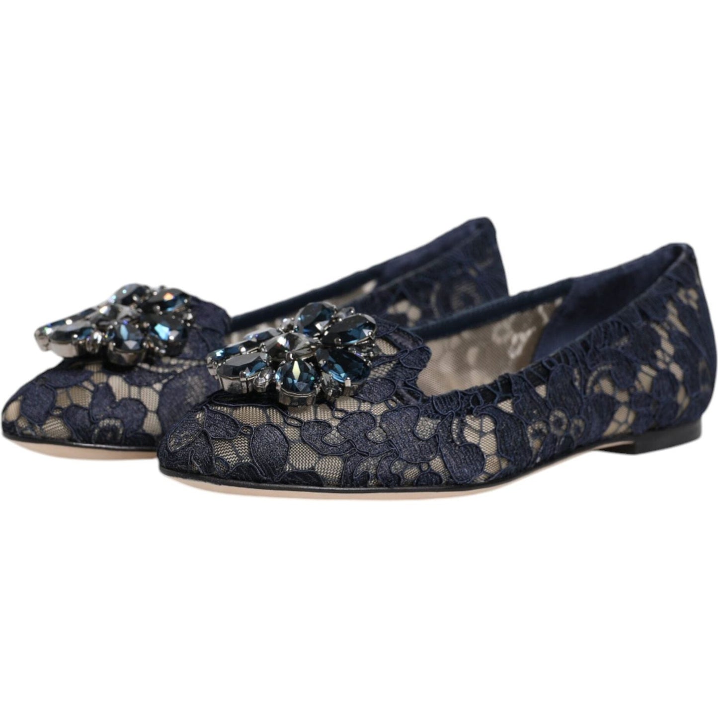 Dolce & Gabbana Blue Taormina Lace Crystals Flats Shoes Dolce & Gabbana Dark Slate Gray