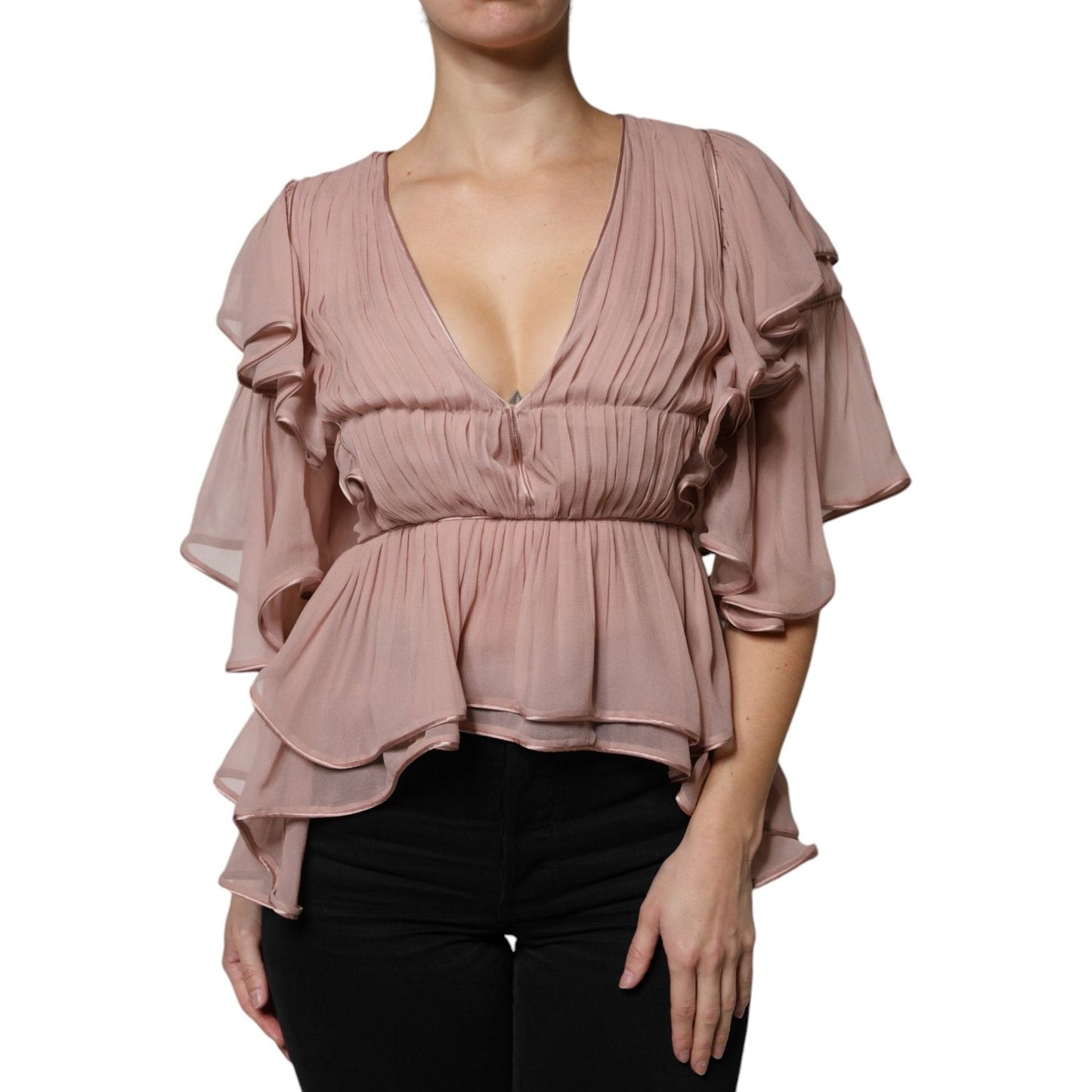 Alberta Ferretti Brown Silk Short Sleeves V-neck Pleated Top