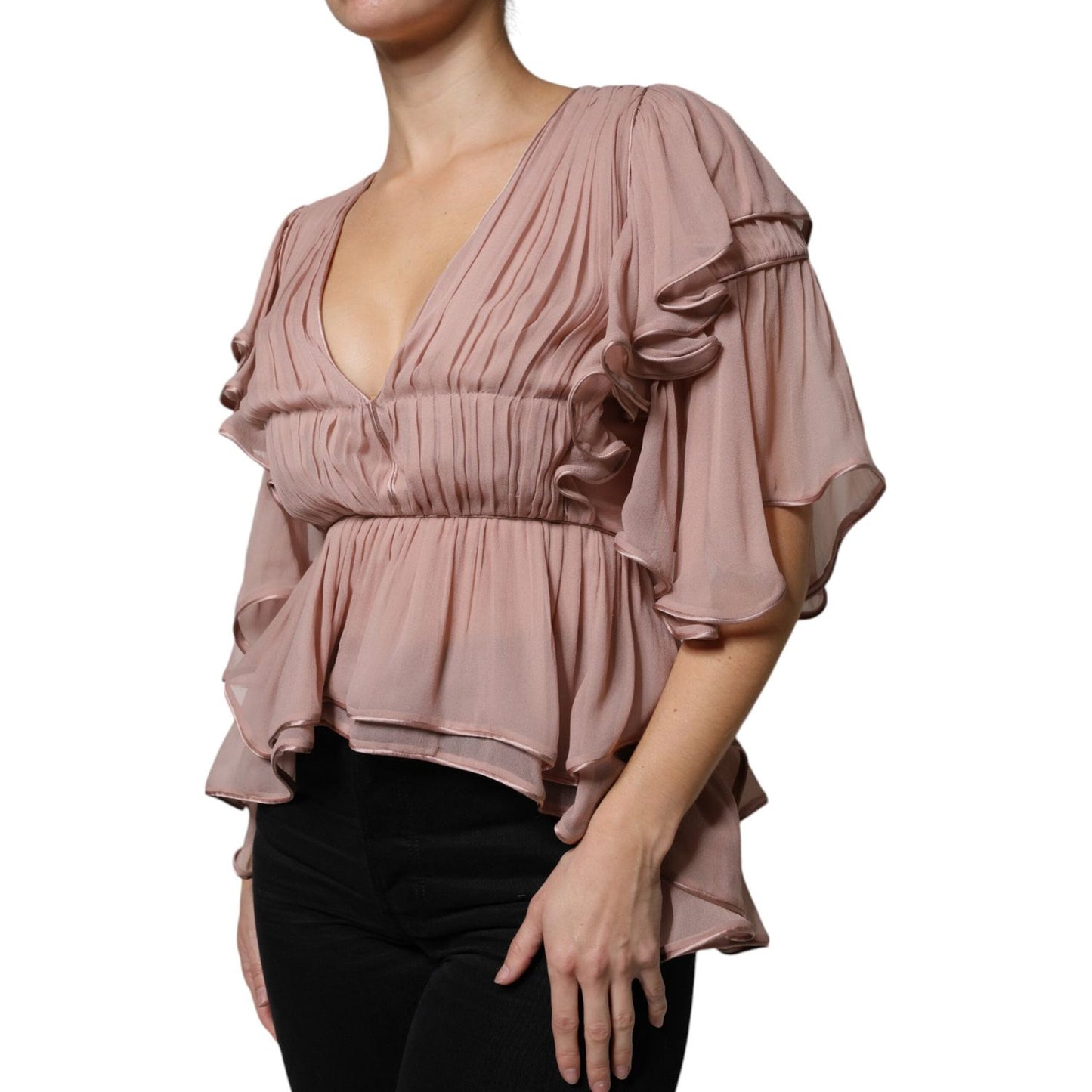 Alberta Ferretti Brown Silk Short Sleeves V-neck Pleated Top