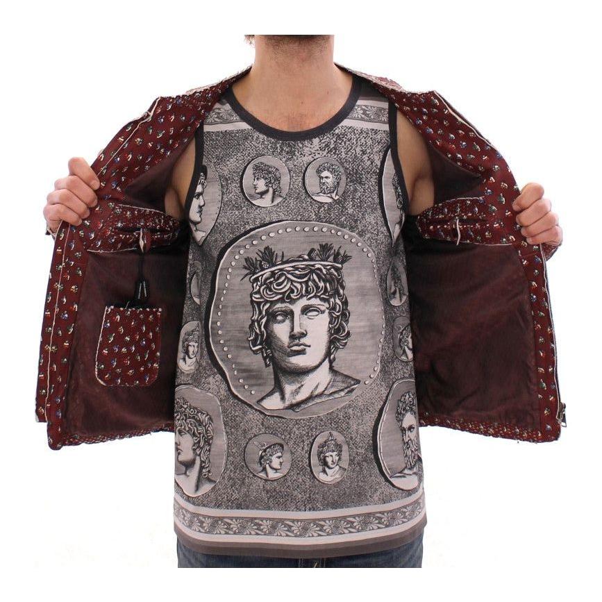 Dolce & Gabbana Exclusive Boxer Print Bordeaux Leather Jacket Coats & Jackets Dolce & Gabbana Dark Slate Gray