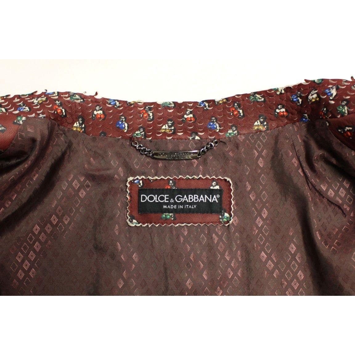 Dolce & Gabbana Exclusive Boxer Print Bordeaux Leather Jacket Coats & Jackets Dolce & Gabbana Dark Olive Green