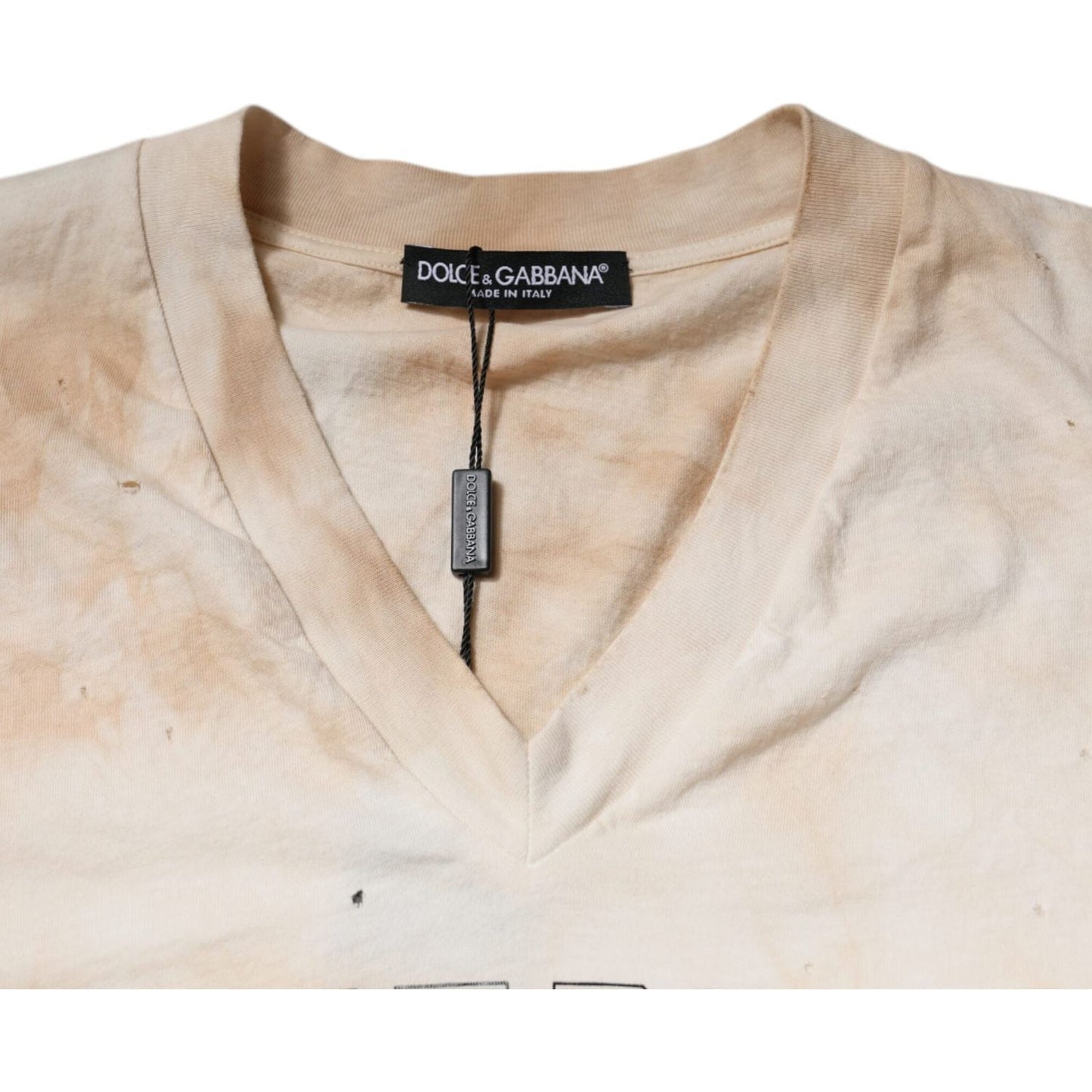 Dolce & Gabbana Beige Graphic Print Cotton V-neck T-shirt