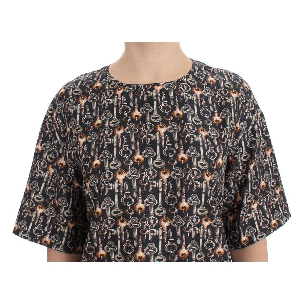 Dolce & Gabbana Enchanted Sicily Silk Blouse with Medieval Keys Print Dolce & Gabbana Dark Slate Gray