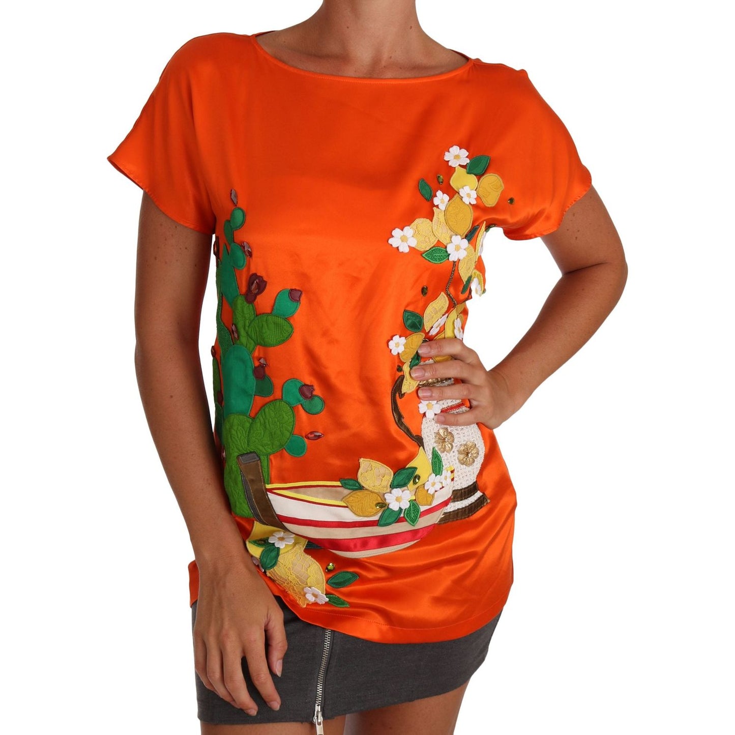 Dolce & Gabbana Sicilian Summer Silk Crystal-Embellished Top Dolce & Gabbana Firebrick