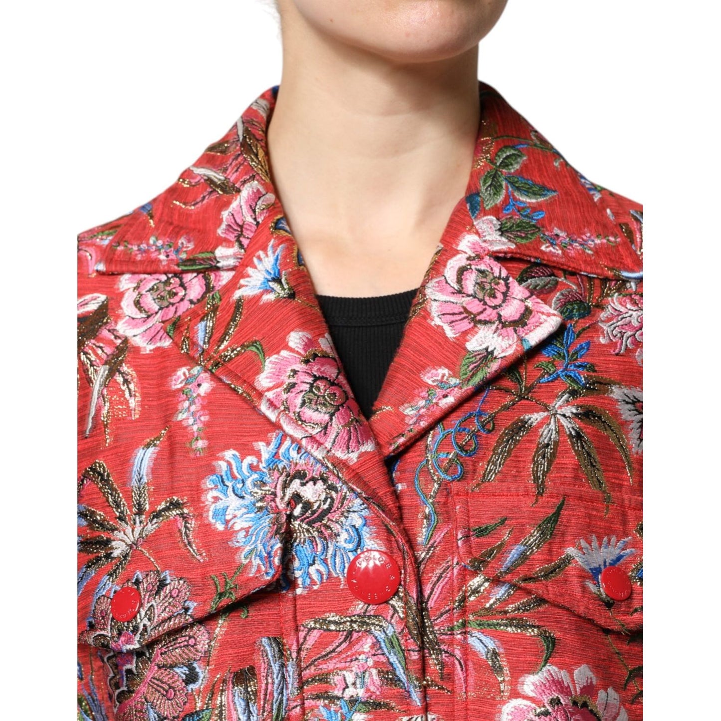 Dolce & Gabbana Red Floral Jacquard Button Down Coat Jacket Dolce & Gabbana Maroon
