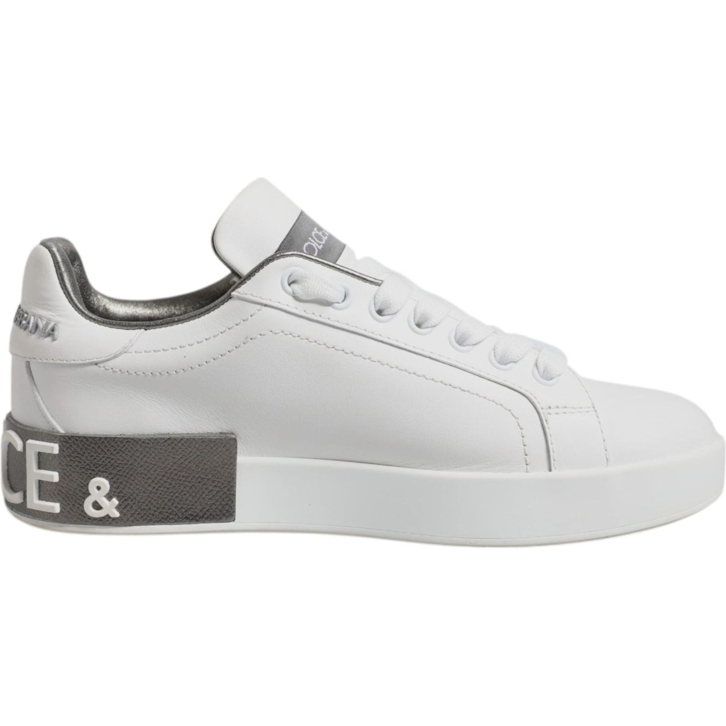 Dolce & Gabbana White Gray Leather Low Top Sneakers Shoes
