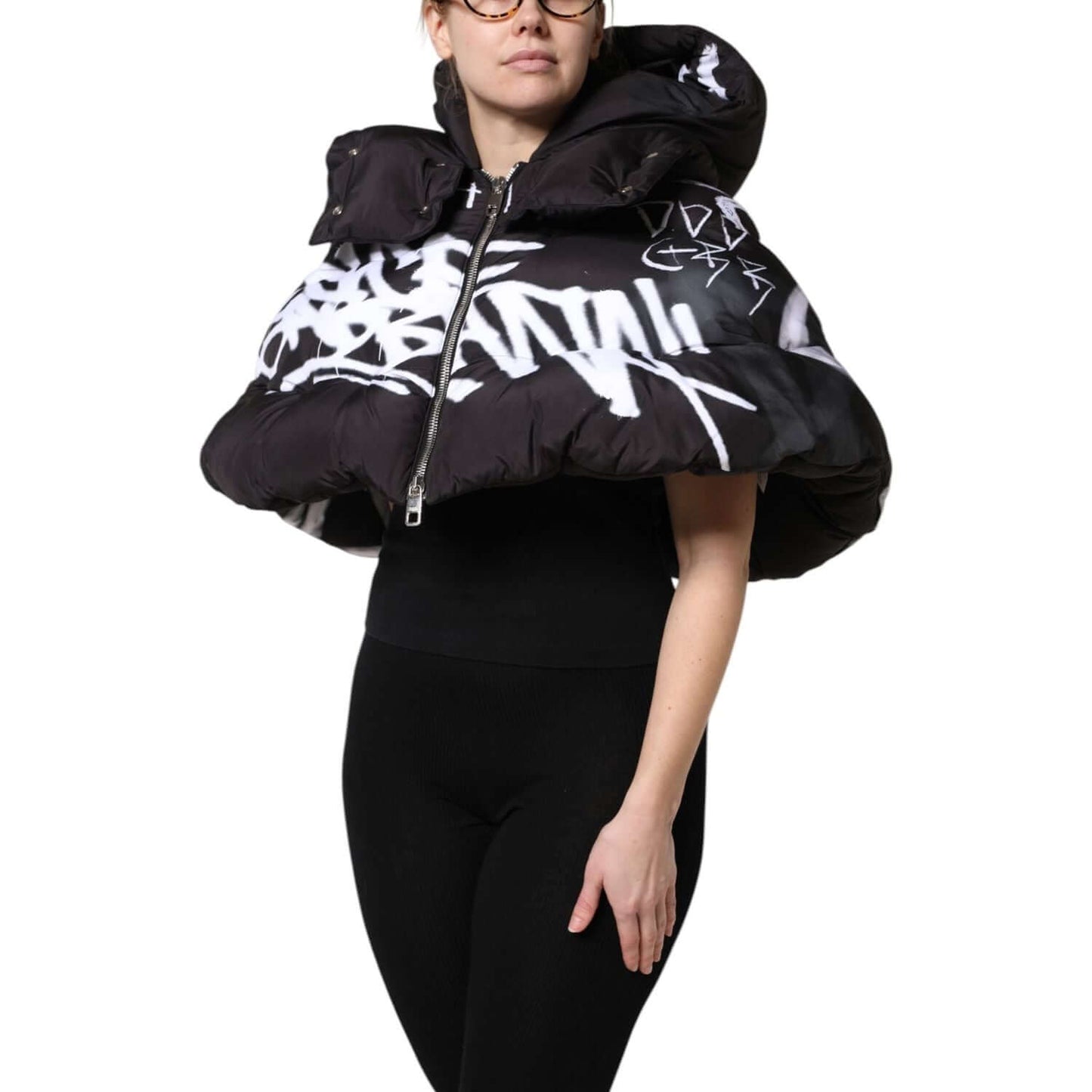 Dolce & Gabbana Black Padded Hooded Full Zip Cropped Jacket