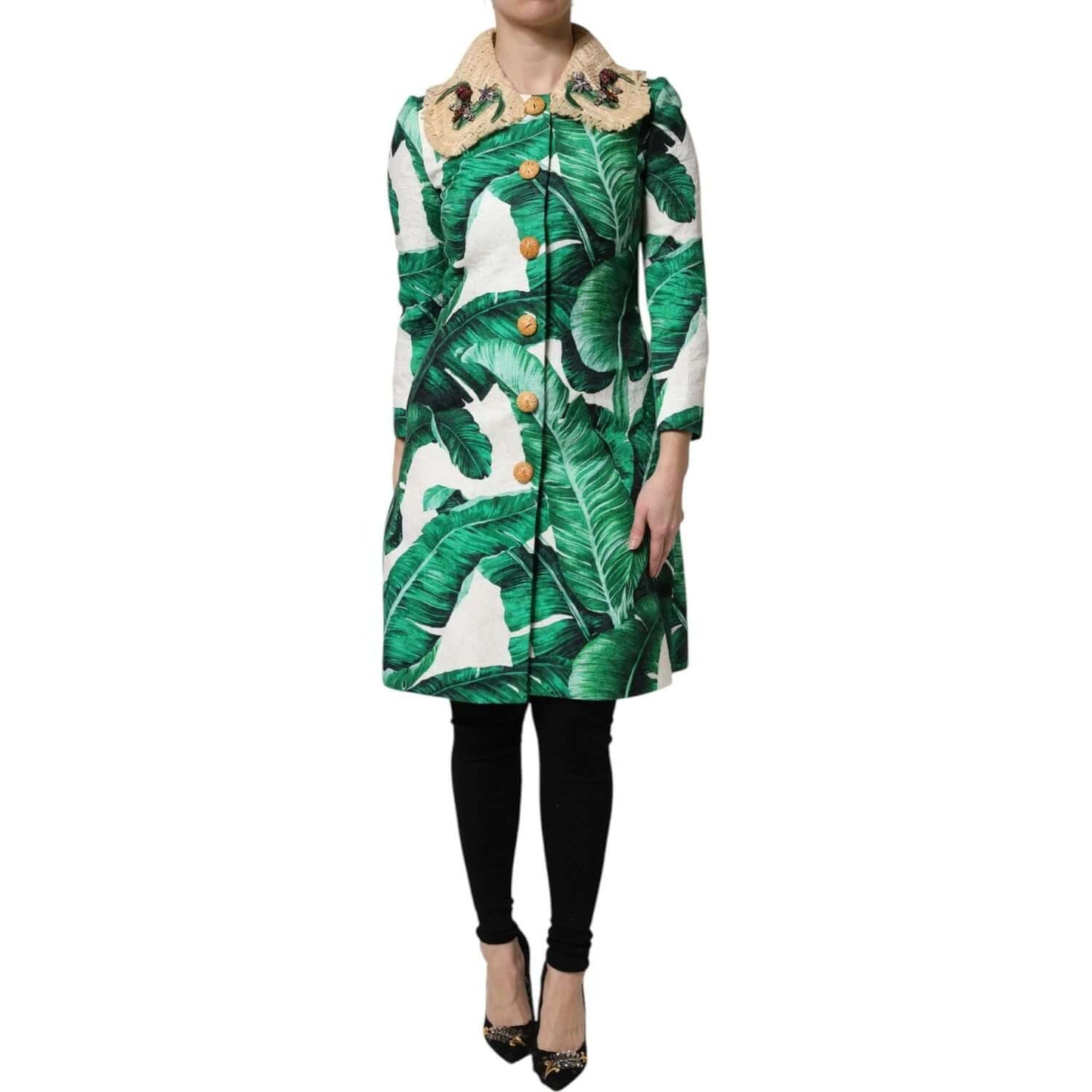 Dolce & Gabbana Multicolor Leaf Print Embellished Trenchcoat Jacket