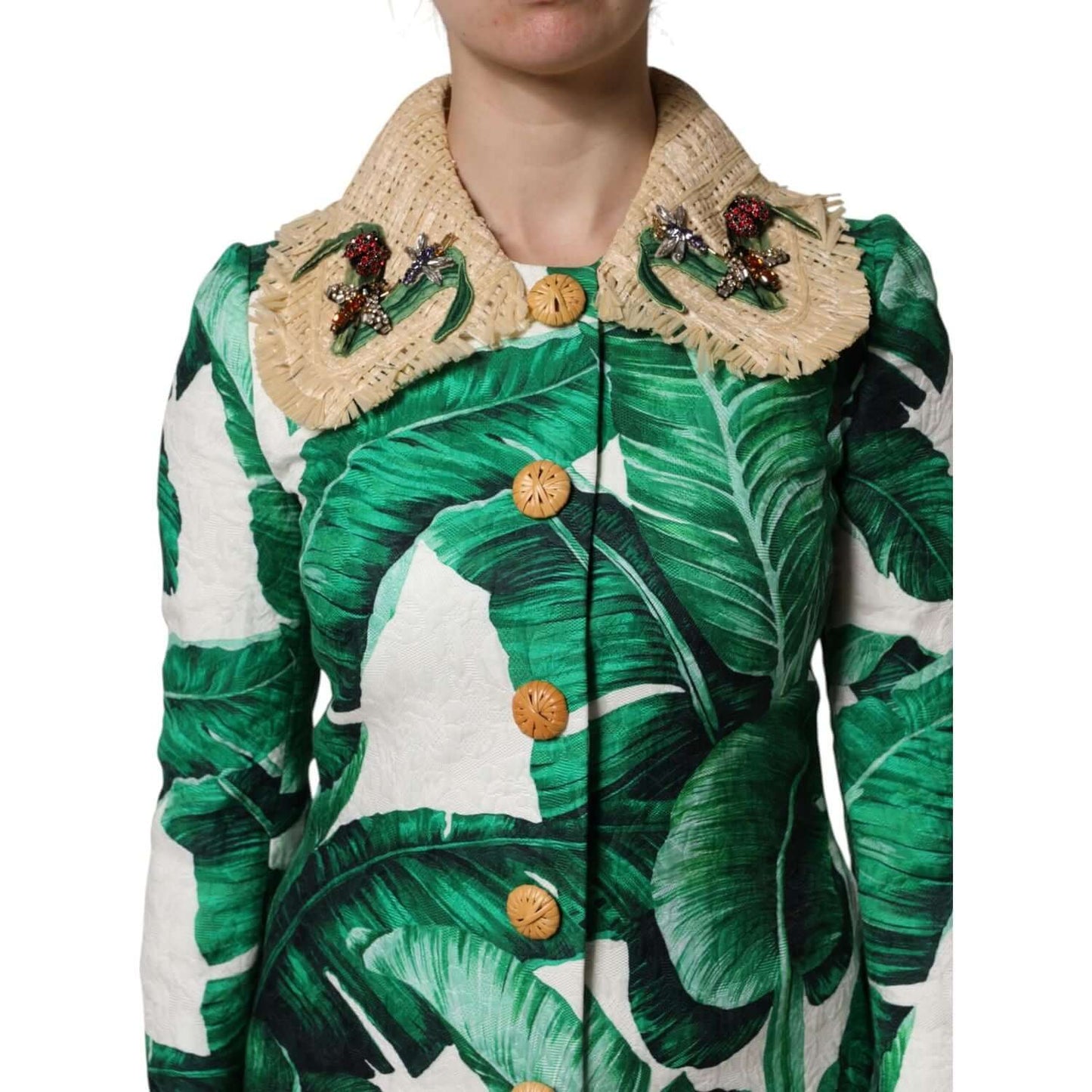 Dolce & Gabbana Multicolor Leaf Print Embellished Trenchcoat Jacket