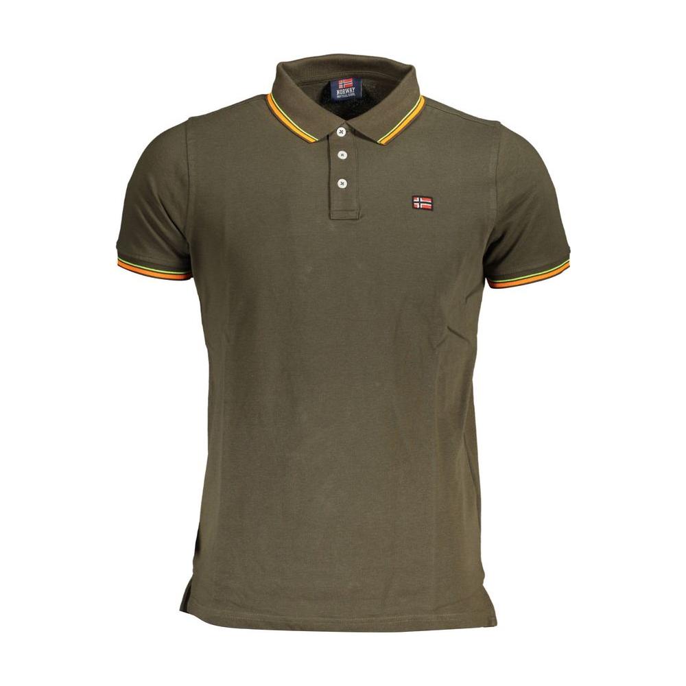 Norway 1963 green cotton polo shirt with three-button placket, contrasting trim, and logo badge, styled for casual sophistication.