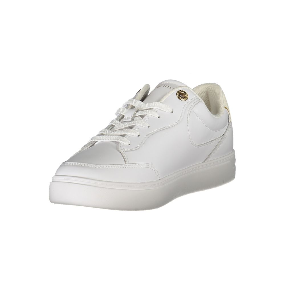 Tommy Hilfiger White Leather Women Sneaker with iconic Hilfiger logo, ideal for stylish and comfortable casual wear.