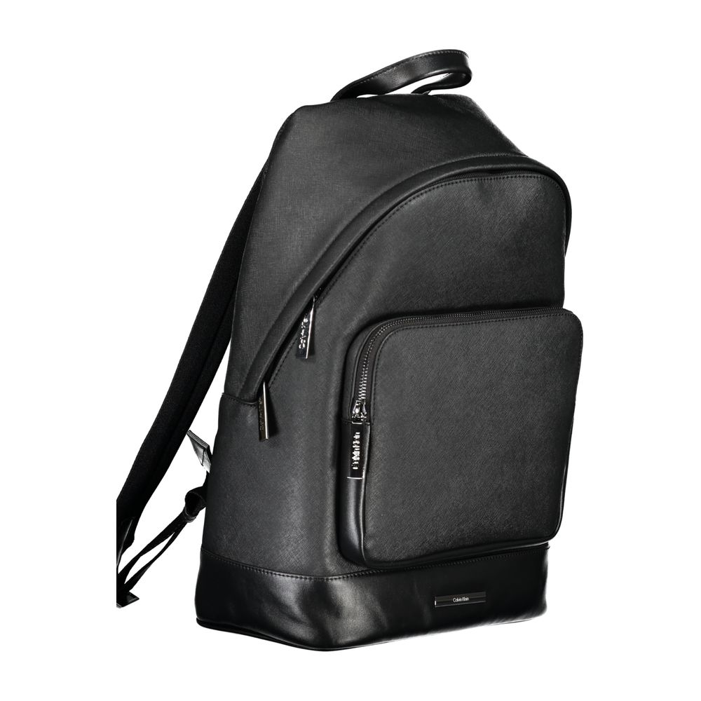 Calvin Klein Black Polyester Backpack with adjustable straps, external pocket, laptop compartment, contrasting details, and logo.