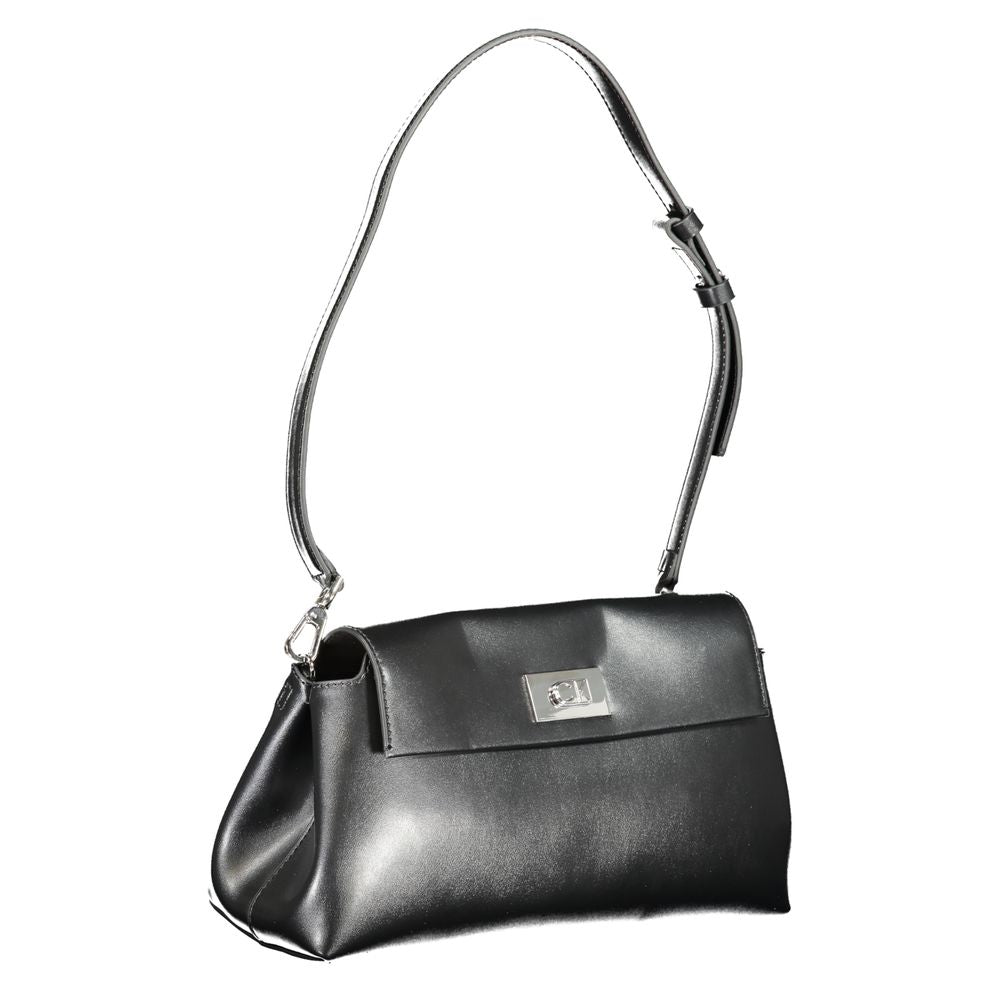 Calvin Klein Black Polyester Handbag with adjustable removable strap, internal pocket, snap closure, and logo, made from 50% recycled polyester.