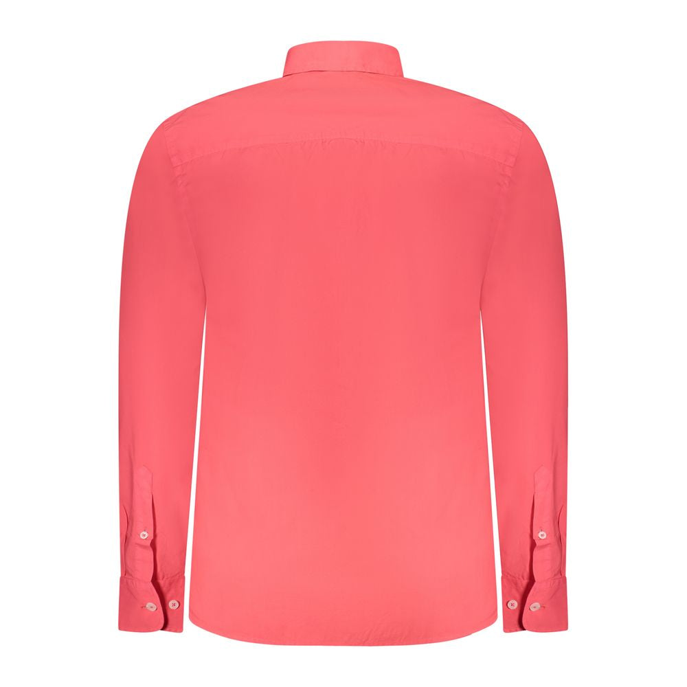 Back view of North Sails Red Cotton Shirt with long sleeves and button cuffs, featuring embroidery and logo, ocean positive design.