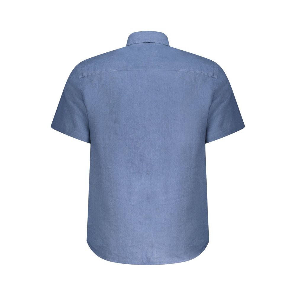 Back view of North Sails Blue Linen Shirt with short sleeves, Italian collar, embroidery, and Ocean Positive logo.