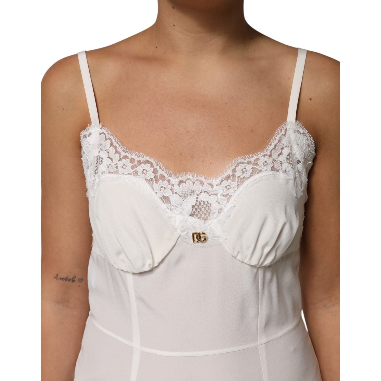 Dolce & Gabbana White Lace Gold DG Logo Silk Dress Sleepwear DR81798-46