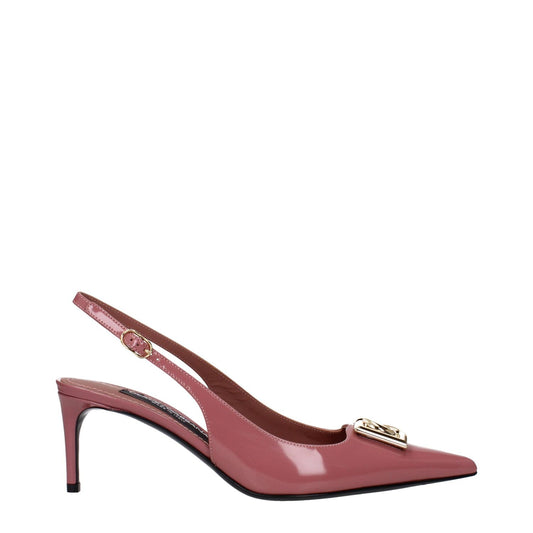 Dolce & Gabbana Pink Leather High Heel Pumps with pointy toe and buckle closure, patent leather, mid heel, elegant design.