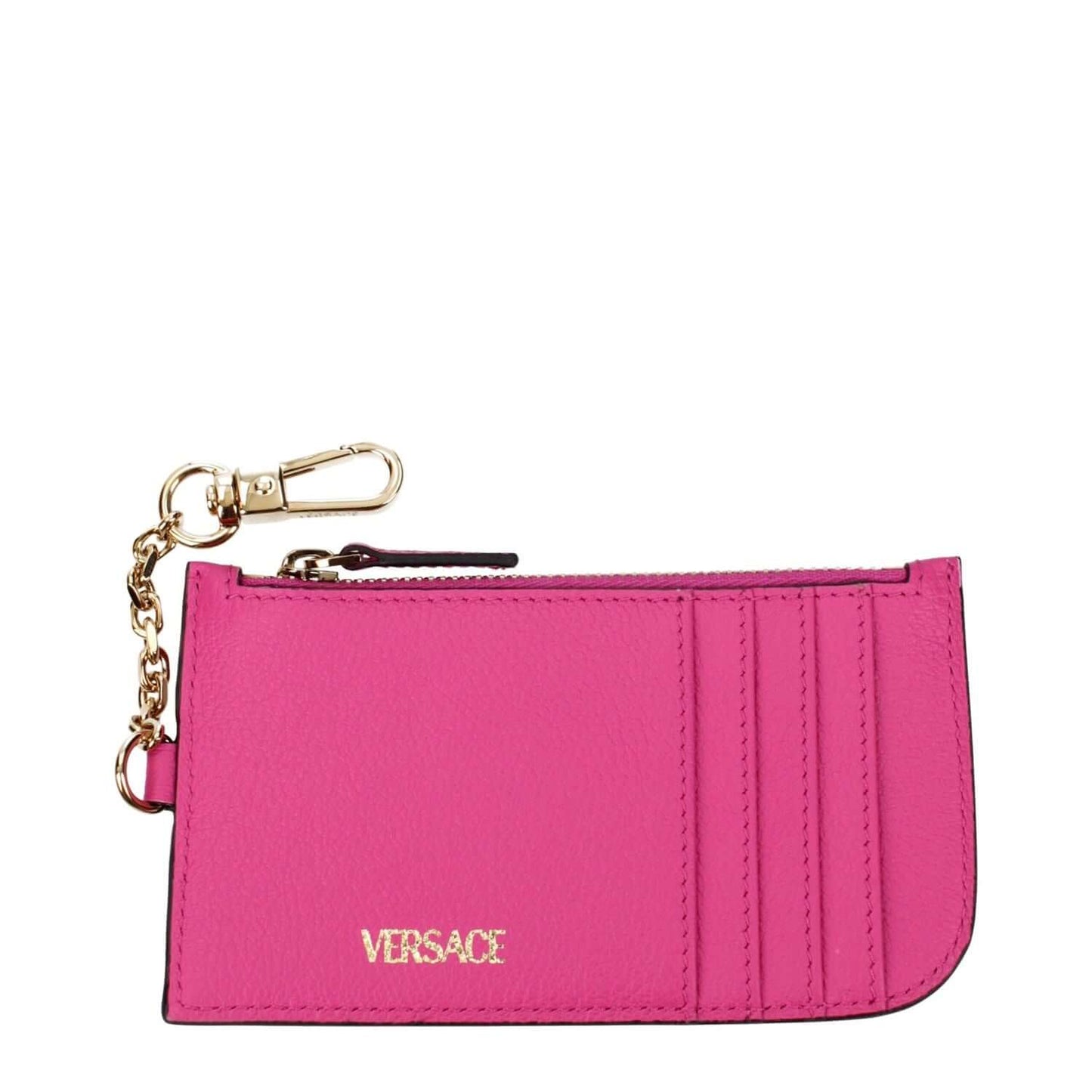 Versace Pink Leather Wallet with gold details and logo, stylish fuchsia coin purse, MPN 1008104DVIT2T1P86V, perfect for fashion lovers.