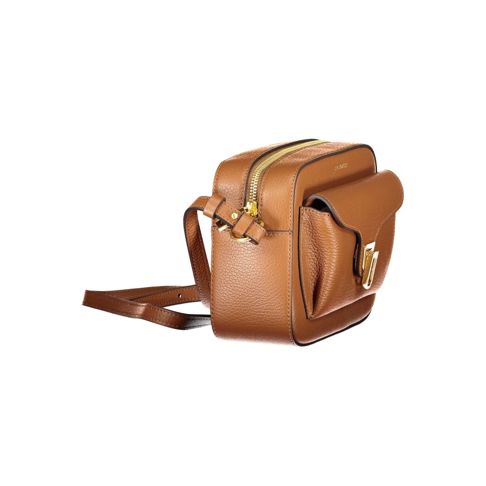 Coccinelle Brown Leather Women Handbag with adjustable strap and twist closure pocket, showcasing Italian style and luxury.