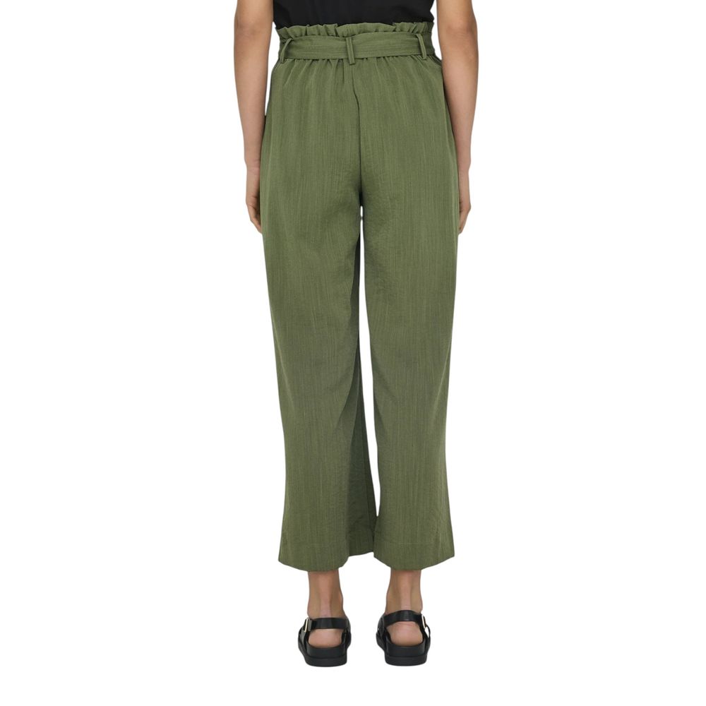 Back view of Only Green Viscose Casual Pants with high waist and tie belt