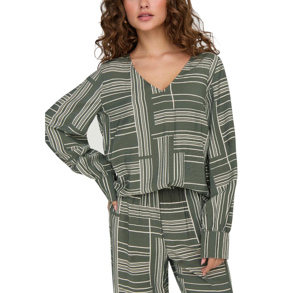 Jacqueline De Yong Green Viscose Blouse with geometric stripes, V-neckline, and wide cuffs, offering a stylish and comfortable fit.