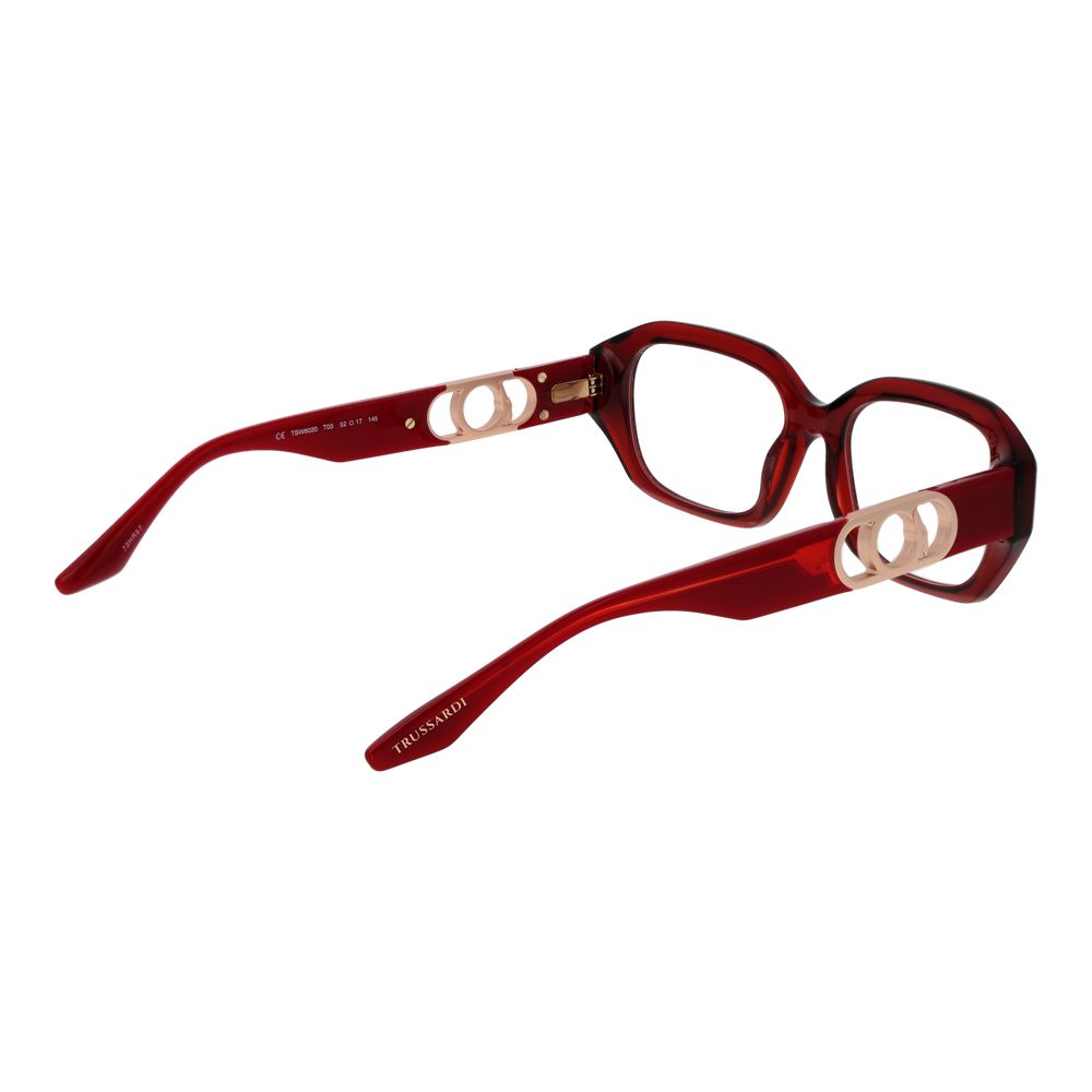 Trussardi Red Acetate Glasses (Frames) full-rim rectangle style for women with red acetate frame, demo lenses, and branded case.
