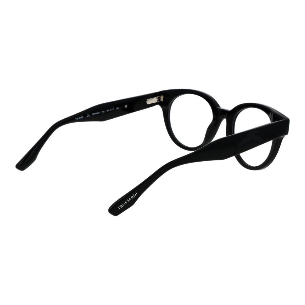 Trussardi Black Acetate Glasses (Frames), unisex full-rim, black acetate, spring hinge, 50-20-145 size, includes branded case.