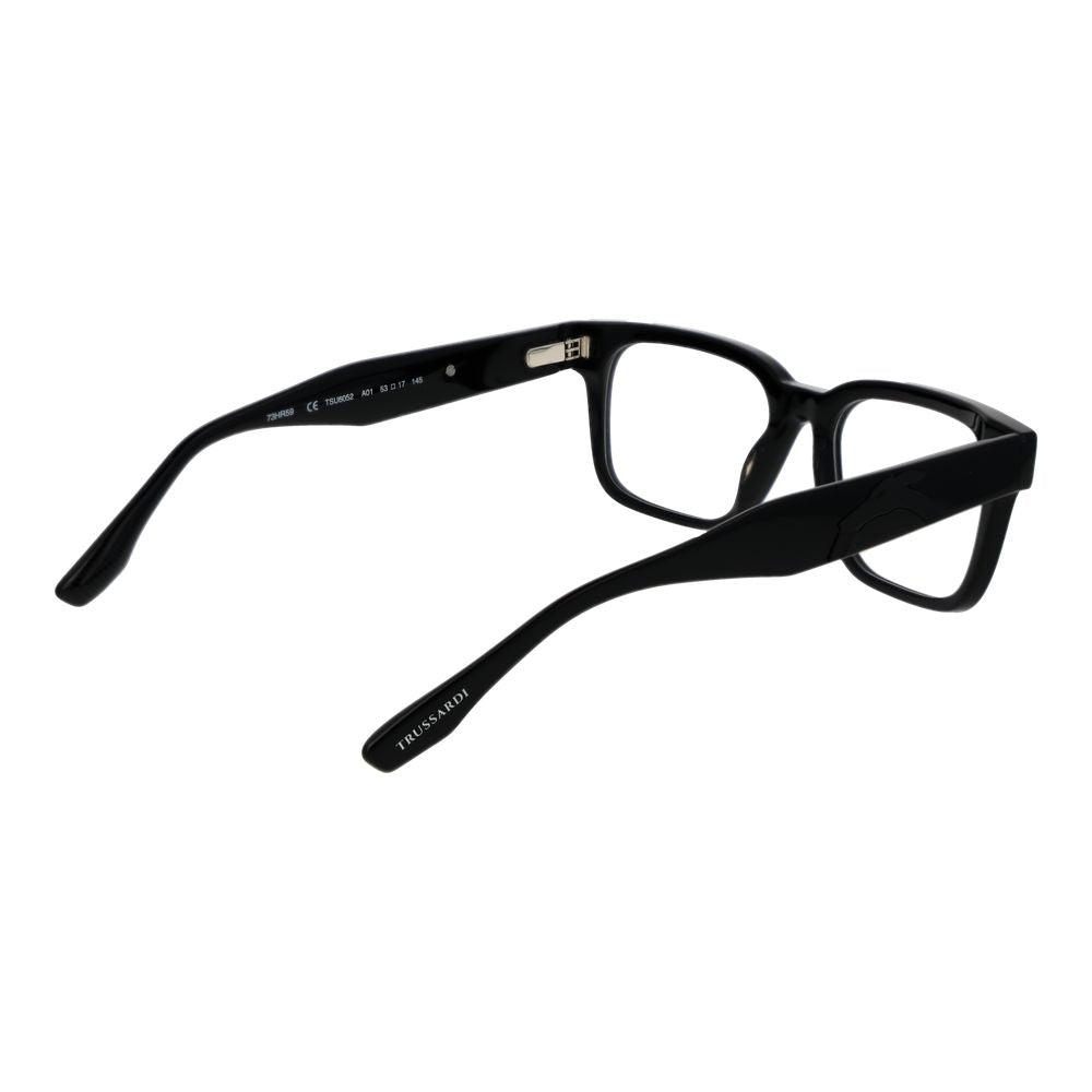 Trussardi Black Acetate Glasses (Frames), unisex full-rim, rectangle style with plastic demo lenses, black acetate frame, includes branded case.