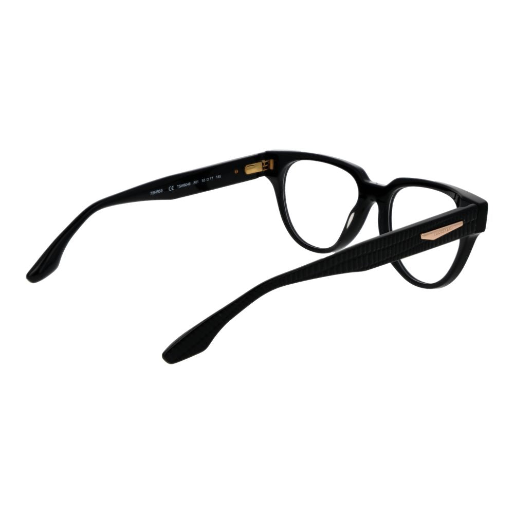 Trussardi Black Acetate Glasses (Frames) for women, full-rim style, demo lenses, black acetate frame with spring hinges. Size 53-17-145.