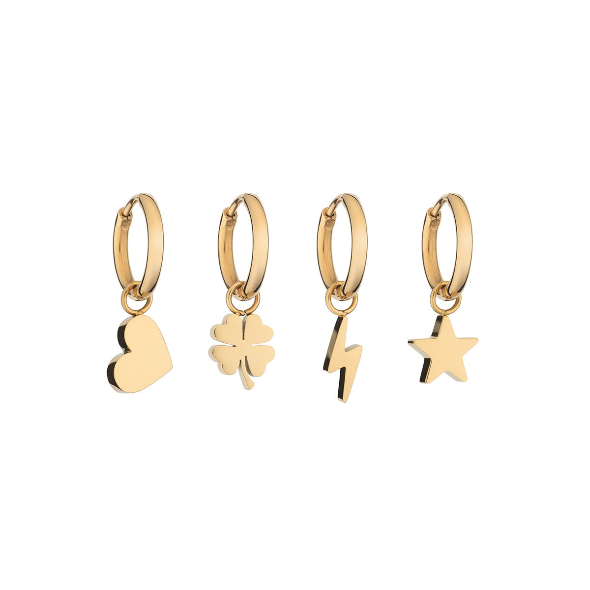 AN JEWELS JEWELRY Mod. AB.EP046 gold charm earrings with heart, clover, lightning, and star designs