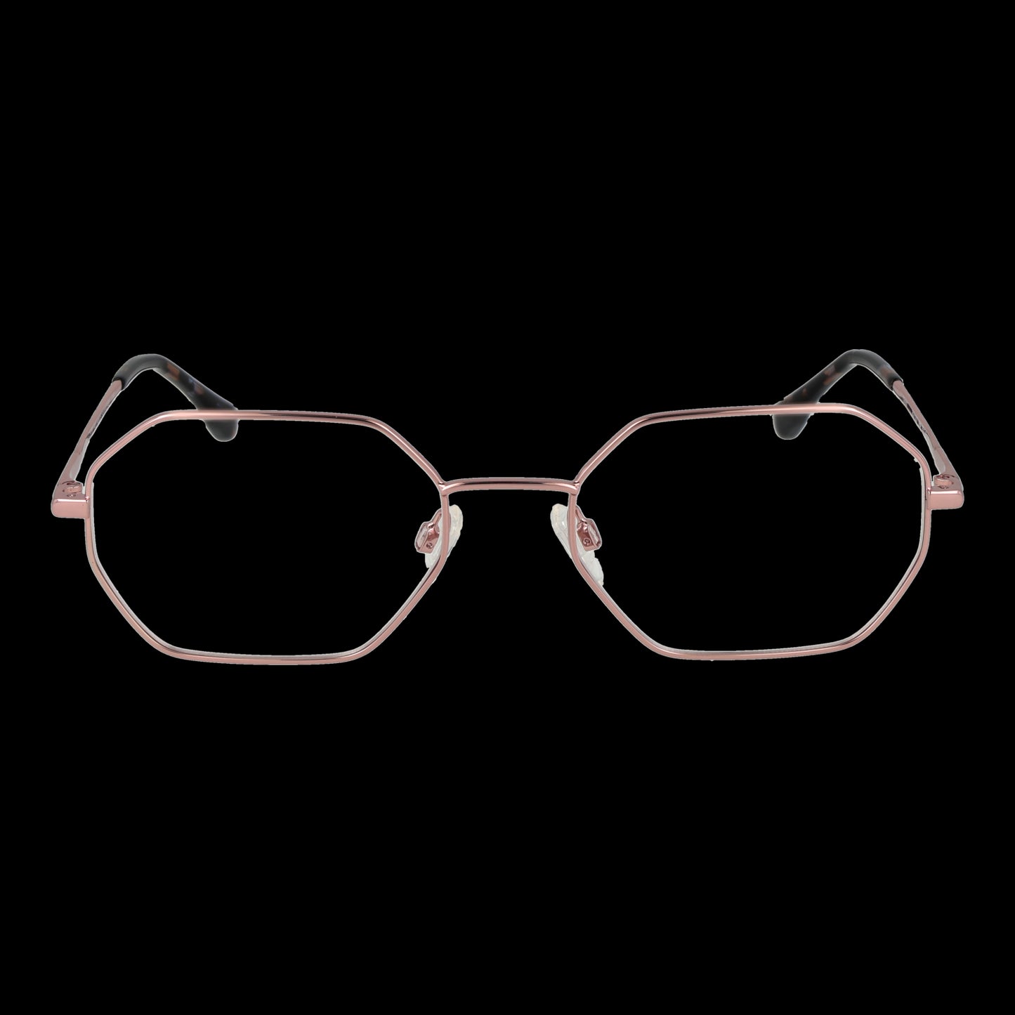 Unisex BULGET MOD. BGY1007 5505A eyeglasses, hexagonal pink metal frame, front view on black background.