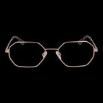 Unisex BULGET MOD. BGY1007 5505A eyeglasses, hexagonal pink metal frame, front view on black background.