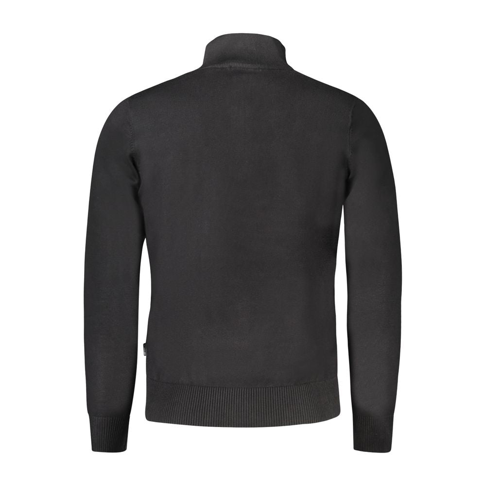 Coveri Moving Black Viscose Men SweaterElevate your style with the Coveri Moving long-sleeved sweater featuring a contemporary half-zip design. Its sleek black hue and prominent brand embroidery command attention, while the luxurious blend of 20% nylon an