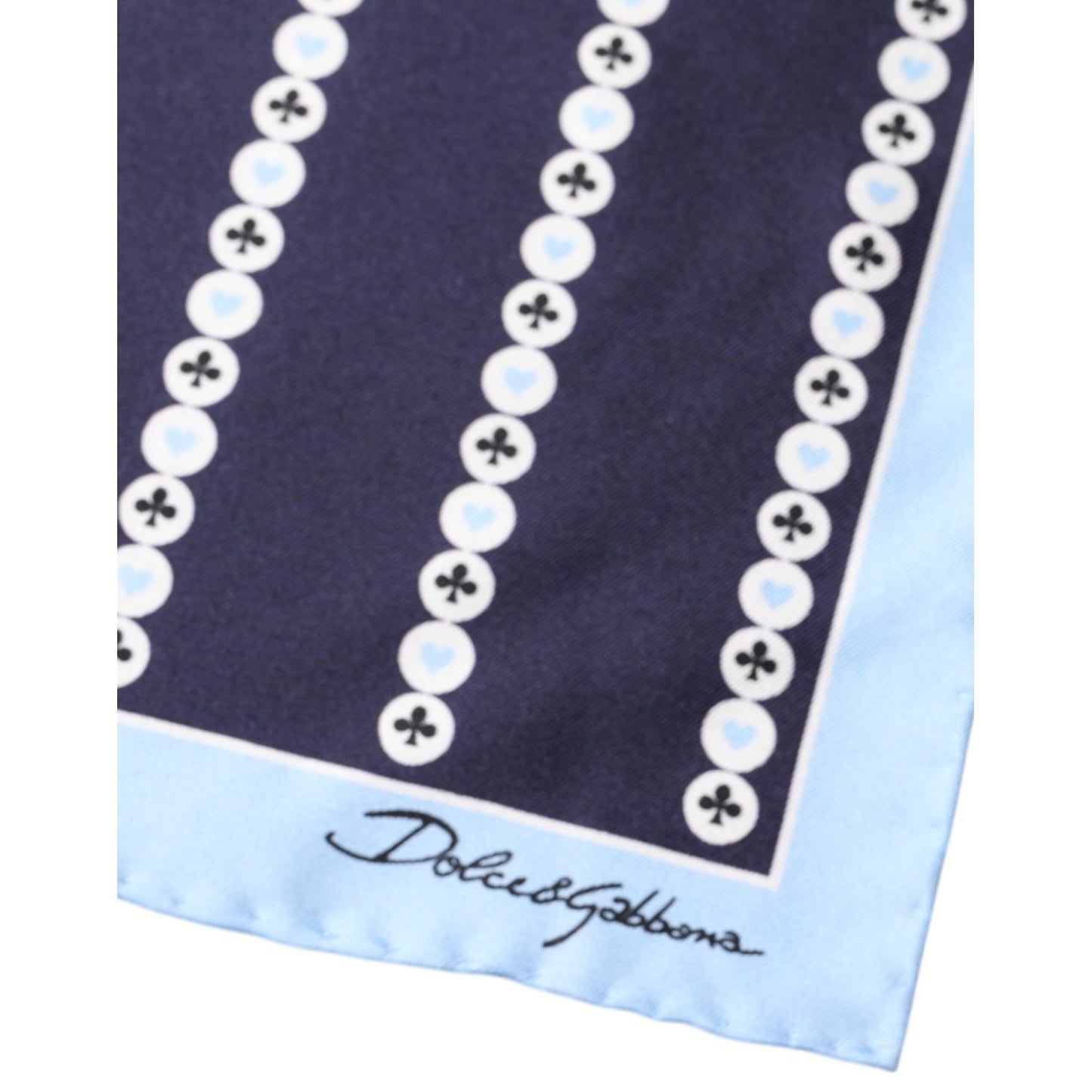 Dolce & Gabbana Blue Heart Spade Silk Handkerchief Scarf with logo detail, featuring blue and black design. Luxury Italian fashion accessory.