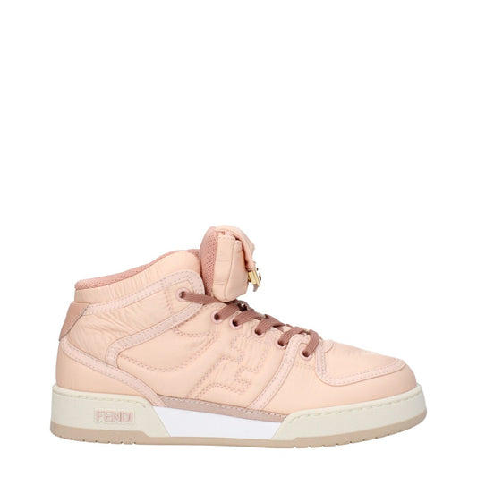 Fendi Pink Nylon High Top Sneakers with logos and lace-up closure, featuring a peach hue and rubber sole.