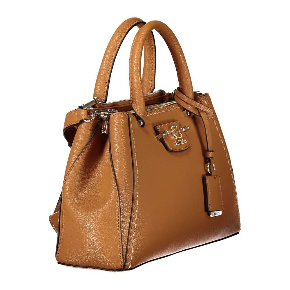 Guess Jeans Brown Polyethylene Handbag with adjustable strap, protective feet, zip closure, contrasting details, and logo.