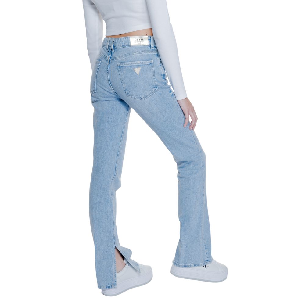 Back view of Guess Light Blue Cotton Mom Jeans with flared split hem, worn by a model.