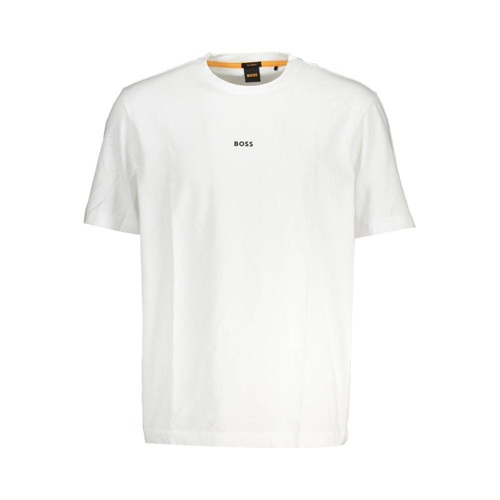 Hugo Boss White Cotton Men TShirtElevate your casual wardrobe with the distinct flair of Hugo Boss. This sleek short-sleeved t-shirt embodies modern elegance with a relaxed fit, perfect for the trend-conscious individual. Crafted from a premium blend of c