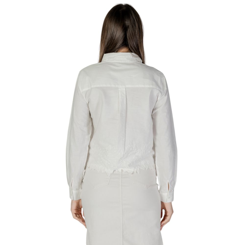 Back view of Jacqueline De Yong White Cotton Blouse with floral embroidery and buttoned long sleeves for women.